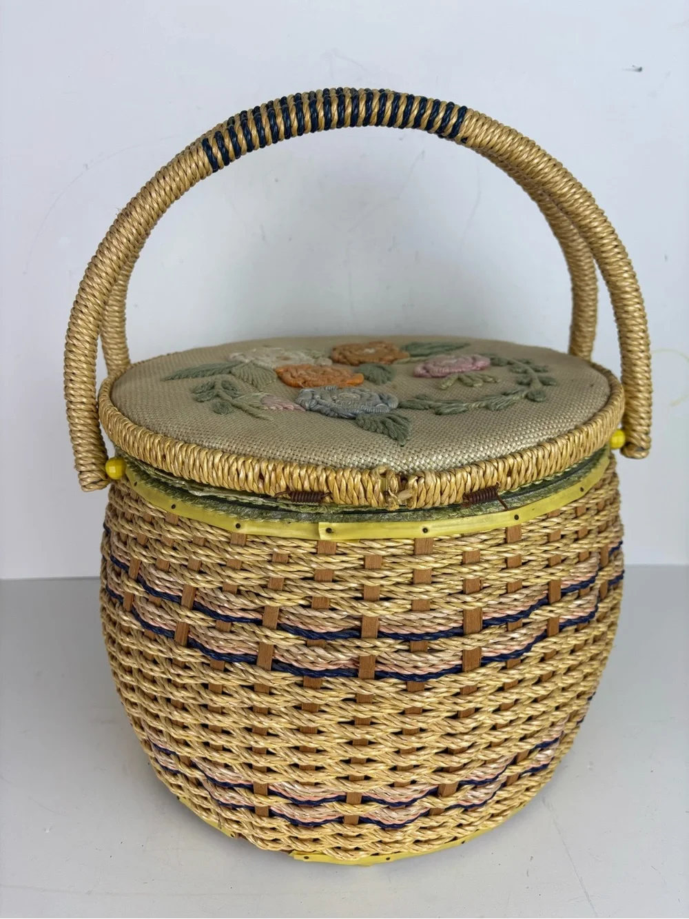 Vintage Sewing Basket-Round w/ Embroidered Floral Lid-Granny Chic